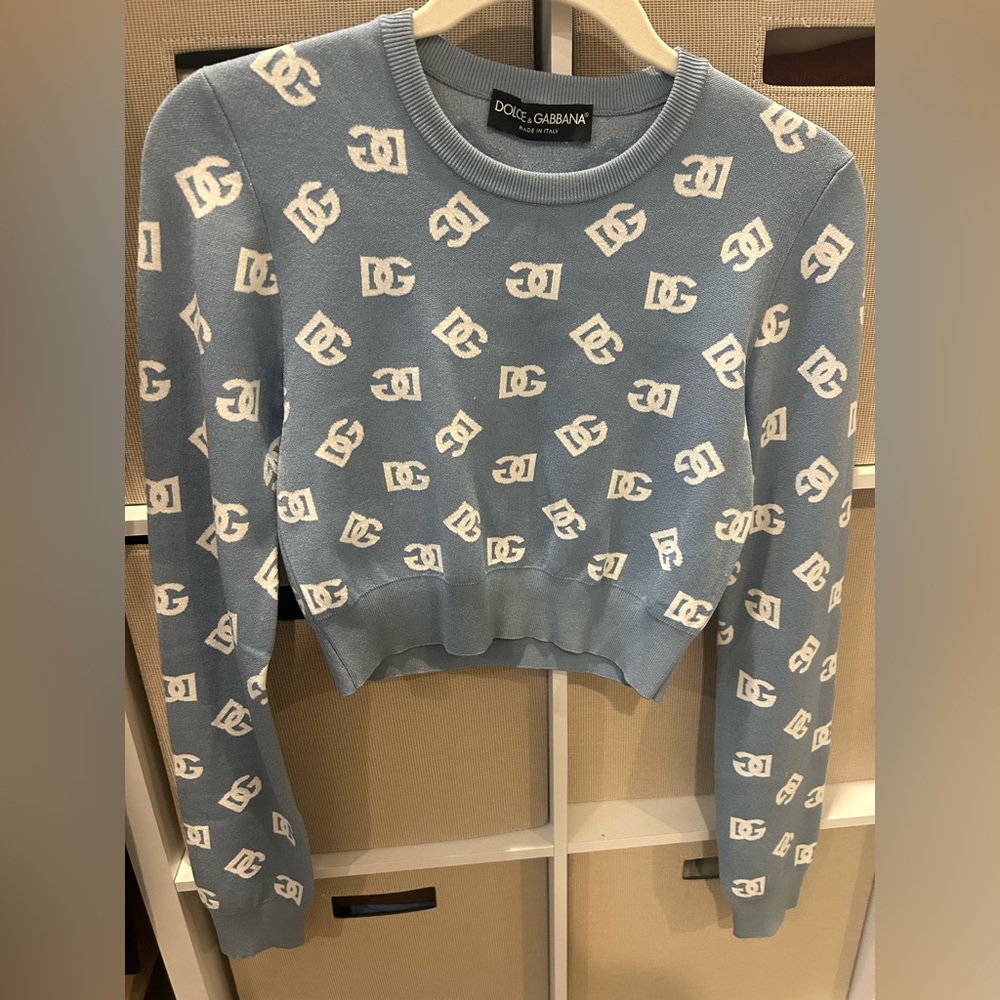 Dolce & Gabbana Light Blue and White Sweater Top